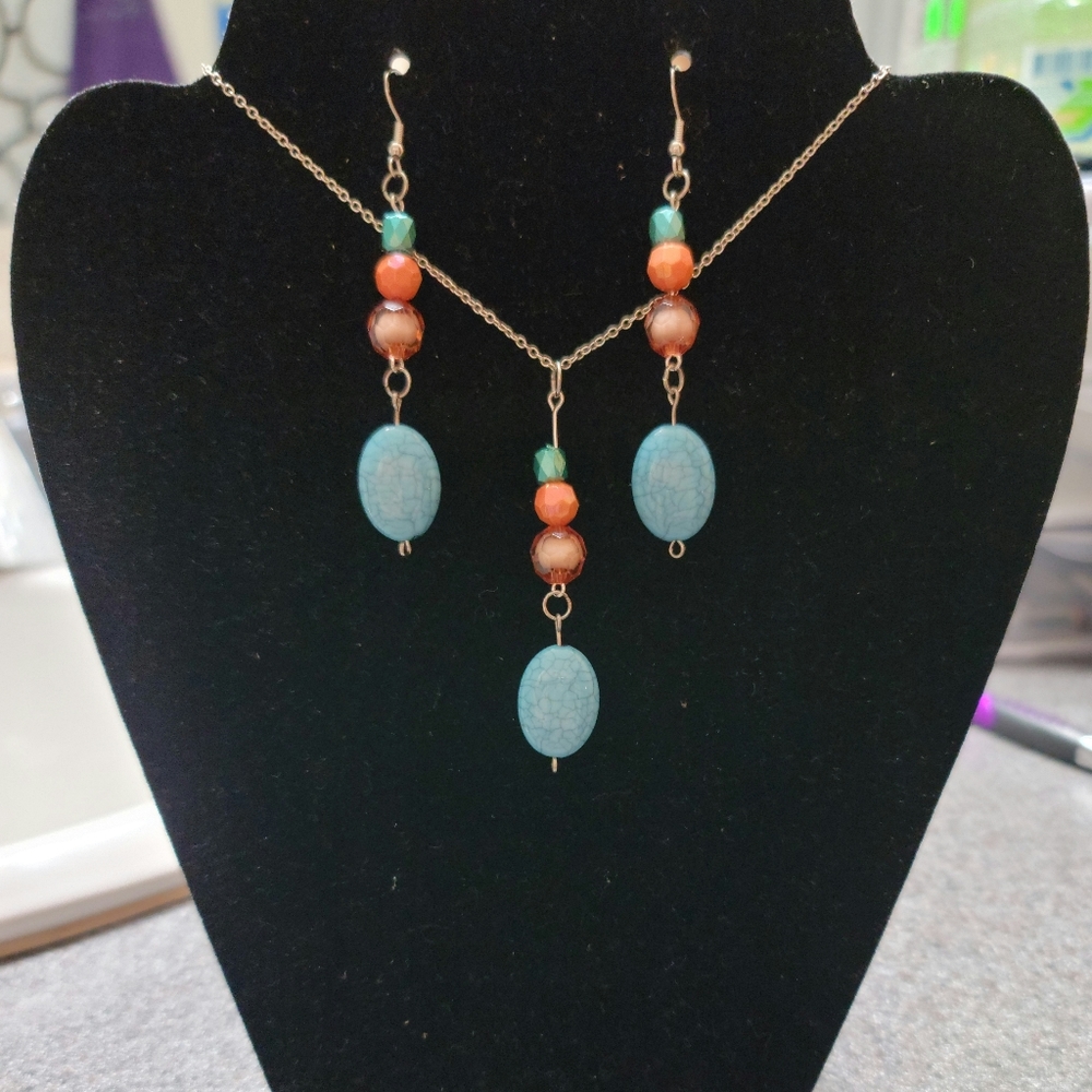Turquoise, coral and brown earrings and necklace